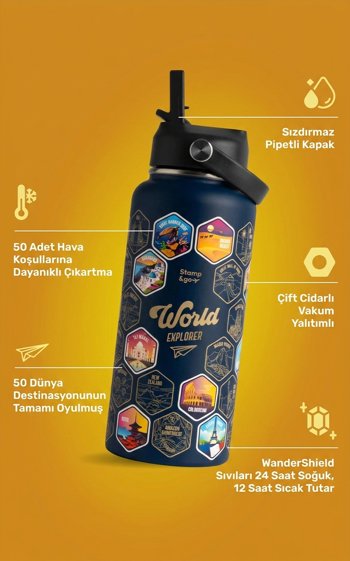 Stamp & Go World Exporer Su Matarası + Çıkartma Seti